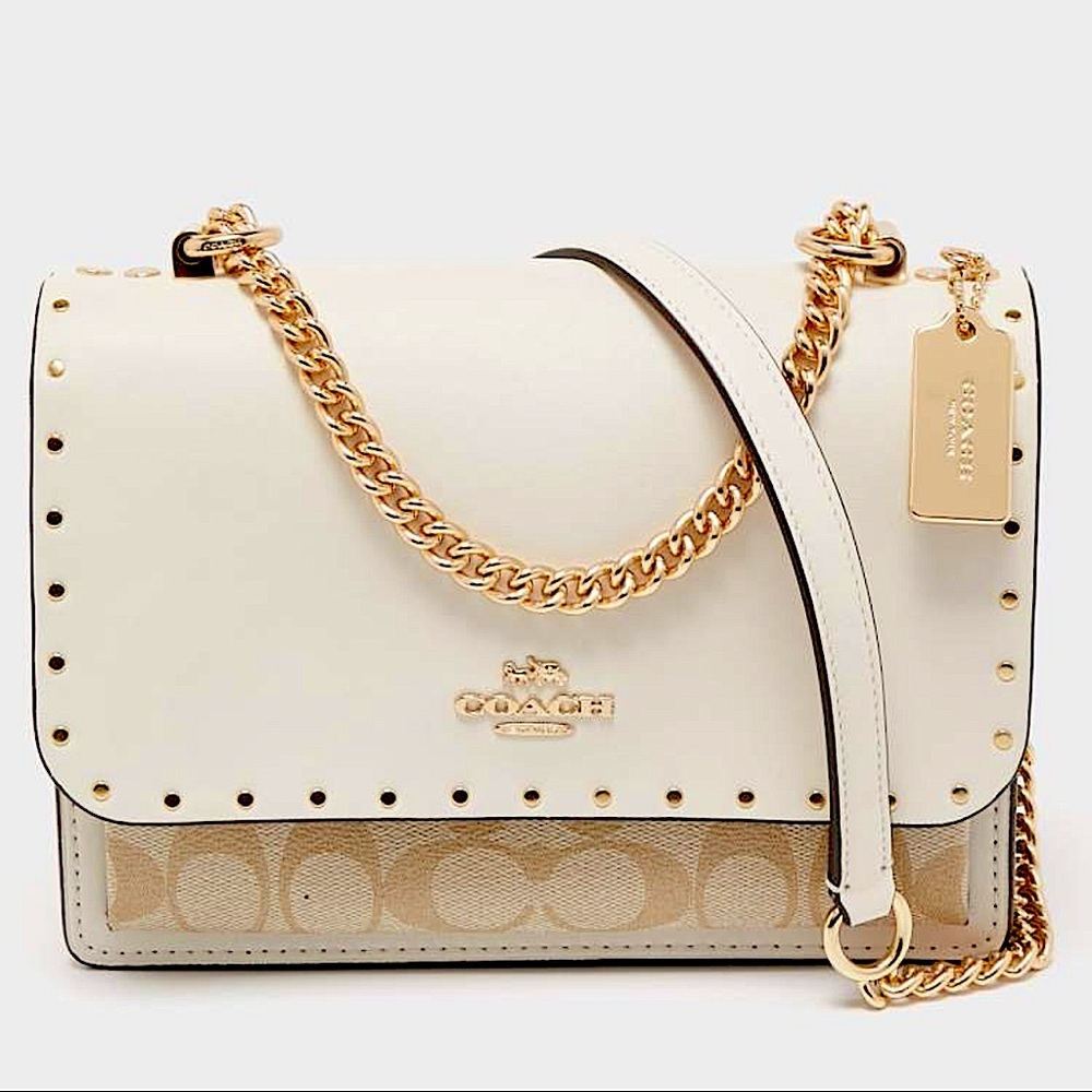 Coach Cream and Khaki Signature Canvas Shoulder Bag with Gold Hardware